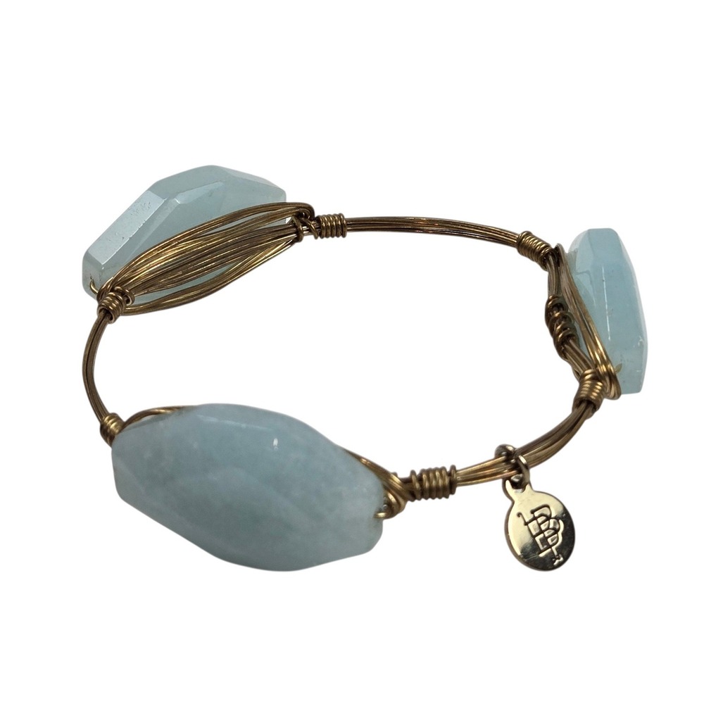 Bourbon & Bowties Bangle Bracelet Faceted Blue Stone Brass Wire Wrapped OS Nice